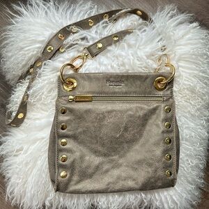 Hammit gray leather cross body bag with gold studded detail